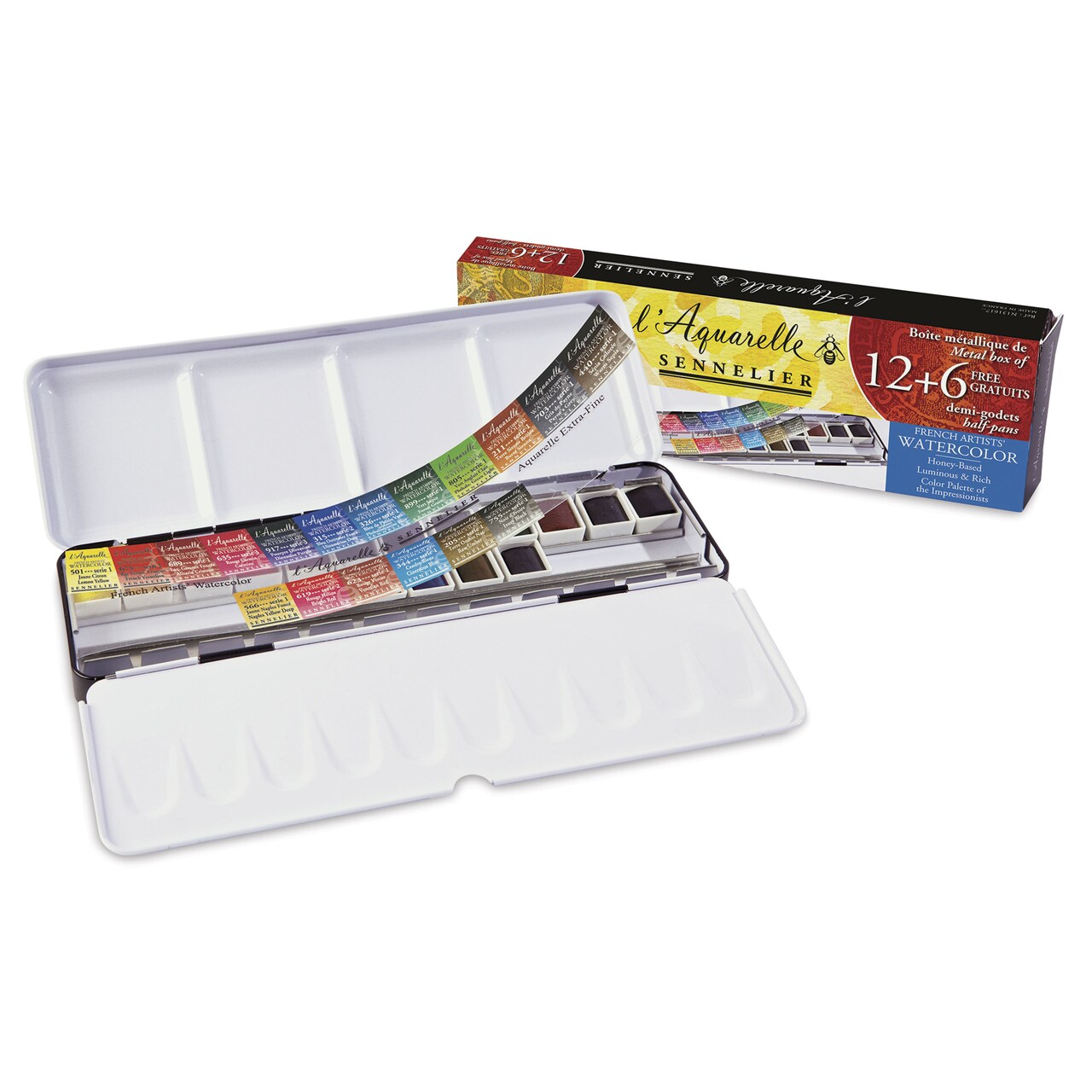 Sennelier French Artists' Watercolors - Set of 12 Plus 6 Free, Metal Case, Half Pans